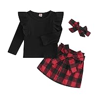 Toddler Baby Girl Fall Clothes Ribbed Long Sleeves Tops and Mini Plaid Skirt Headband Xmas Kids 3 Piece Outfits Set