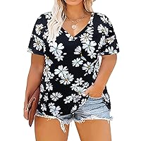 RITERA Plus Size Tops for Women Short Sleeve Shirt V Neck Tunics with Pocket Basic Shirt Casual Summer Tee Daisy 4XL