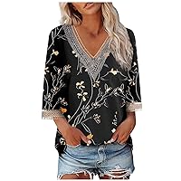 Womens Fall Fashion 2023,3/4 Sleeve Shirts for Women Print Graphic Lace Patchwork Tees Blouses Casual Basic Tops