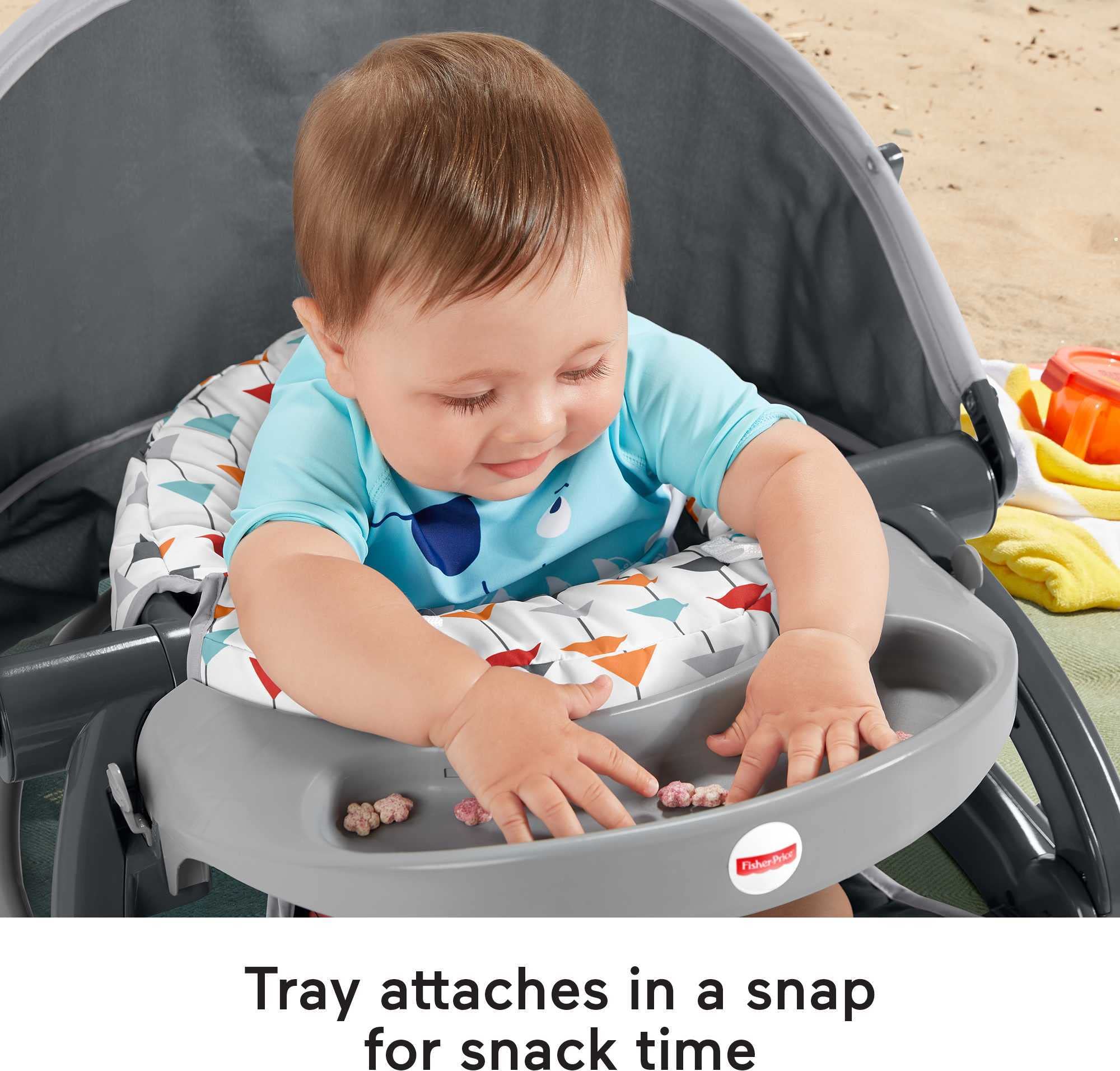 Fisher-Price Baby Travel Baby Chair On-The-Go Sit-Me-Up Floor Seat with Snack Tray and Canopy for Outdoor Use, Arrows Away