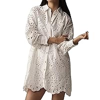 Women Button Down Eyelet Embroidery Shirt Dress Long Sleeve Hollow Out Mini Dress Casual Loose Tunic Blouse Top