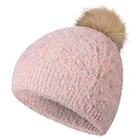 Achiou Kids Winter Pom Pom Beanie Hat, Warm Faux Fur Pompom Knit Ski Hat for Youth Girls 4-16, Fuzzy Skull Cap Fleece Lined