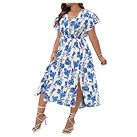 MakeMeChic Women's Plus Size Floral Wrap V Neck Summer Dress High Split Short Sleeve Boho A Line Midi Dress
