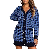Pink Queen 2023 Fall Long Cardigan for Women Long Sleeve Open Front Button V Neck Houndstooth Cardigans Sweaters Dress