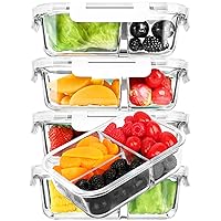 [5-Pack,36 oz] Glass Bento Box 3 Compartment with Lids, Food Meal Prep Lunch Containers, BPA-Free, Microwave, Oven, Freezer, Dishwasher (4.5 Cups, White)