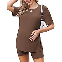 Ekouaer Women's Maternity Pajamas Sets 2 Piece Outfits Short Sleeve Shirts and Biker Shorts Pregnancy Loungewear Mama Clothes