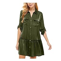 Womens Ruffled Pocketed Button Front Roll-tab Sleeve Collared Mini Shirt Dress