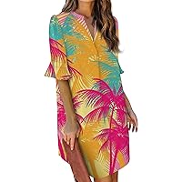 Hawaiian Shirt Dresses for Women Bell Short Sleeve V Neck Tops Mini Beach Boho Dress Casual Summer Loose Blouses