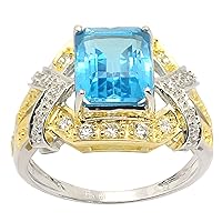 18k Gold and Sterling Silver Genuine Swiss Blue Topaz and Cubic Zirconia Ring Ring, Size 7