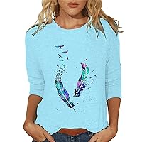 3/4 Sleeve Tops for Women Dressy 2024 Round Neck Tees Floral Pattern Three Quarter Length Tunic Shirts Sweatshirt