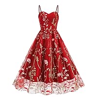 Women's 1950s Vintage Dress Floral Embroidery Mesh Swing Cocktail Dresses Spaghetti Strap Sweetheart Neck Cami Dress