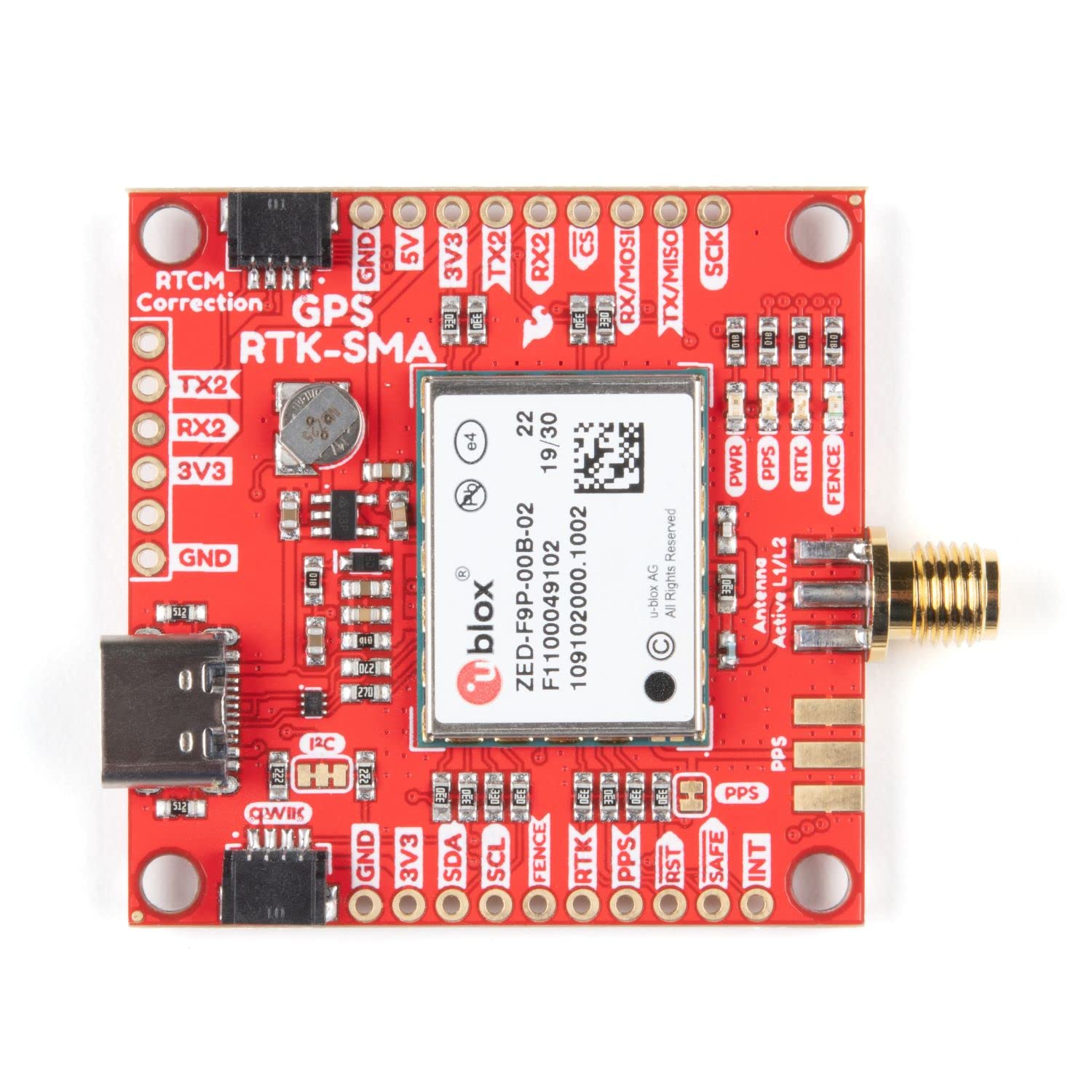 SparkFun GPS-RTK-SMA Breakout-ZED-F9P (Qwiic)-Concurrent reception of GPS GLONASS Galileo BeiDou High precision GPS 10mm 3 dimensional accuracy Receives L1C/A & L2C bands Voltage:5V or 3.3V Logic:3.3V