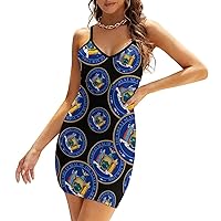 New York State Seal Women's Sling Dress Sexy V-Neck Dress Sleeveless Spaghetti Strap Mini Dress Bodycon Dresses