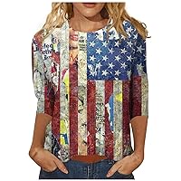 4th of July 3/4 Sleeve Shirts for Women Casual Plus Size Summer Tops 2024 Trendy Flag Graphic tees Crewneck Blouses