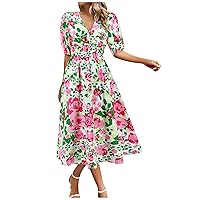Women's Summer Short Sleeve Casual Midi Dresses Wrap V Neck Swing Floral Sundress Elegant High Waisted Wrap Dress