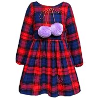 Big Little Girls Cotton Dresses Plaid Lantern Sleeve Wool Ball Girl Spring Autumn Dress