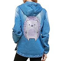 Cute Hedgehog Women's Denim Jacket with Hoodie - Cool Items - Hedgehog Lover Items for Girls