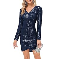 KANCY KOLE Women Sequin Party Dress V Neck Puff Long Sleeve Ruched Bodycon Glitter Dress for Women Sexy