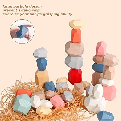 Dinhon 36pcs Colorful Blue Wood Stone Stacking Game Wooden Building Block Set Lightweight Natural Balance Weight Colorful Rock Block Educational Educational Toy