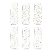 POP 9oz Flute Festive Cheers Series, SET OF 6, Premium Quality, Recyclable, Unbreakable & Crystal Clear Plastic Printed Champagne Glasses