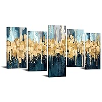 iKNOW FOTO Large 5 Panel Abstract Canvas Wall Art Navy Blue and Gold Painting Contemporary Picture Wall Decor for Living Room Bedroom Office Home Decorations 60x32inch