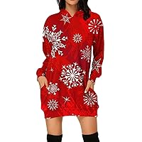 Womens Christmas Hoodie Dress Plus Size Long Sleeve Xmas Hooded Sweatshirt Ugly Funny Print Pocket Tunic Dresses