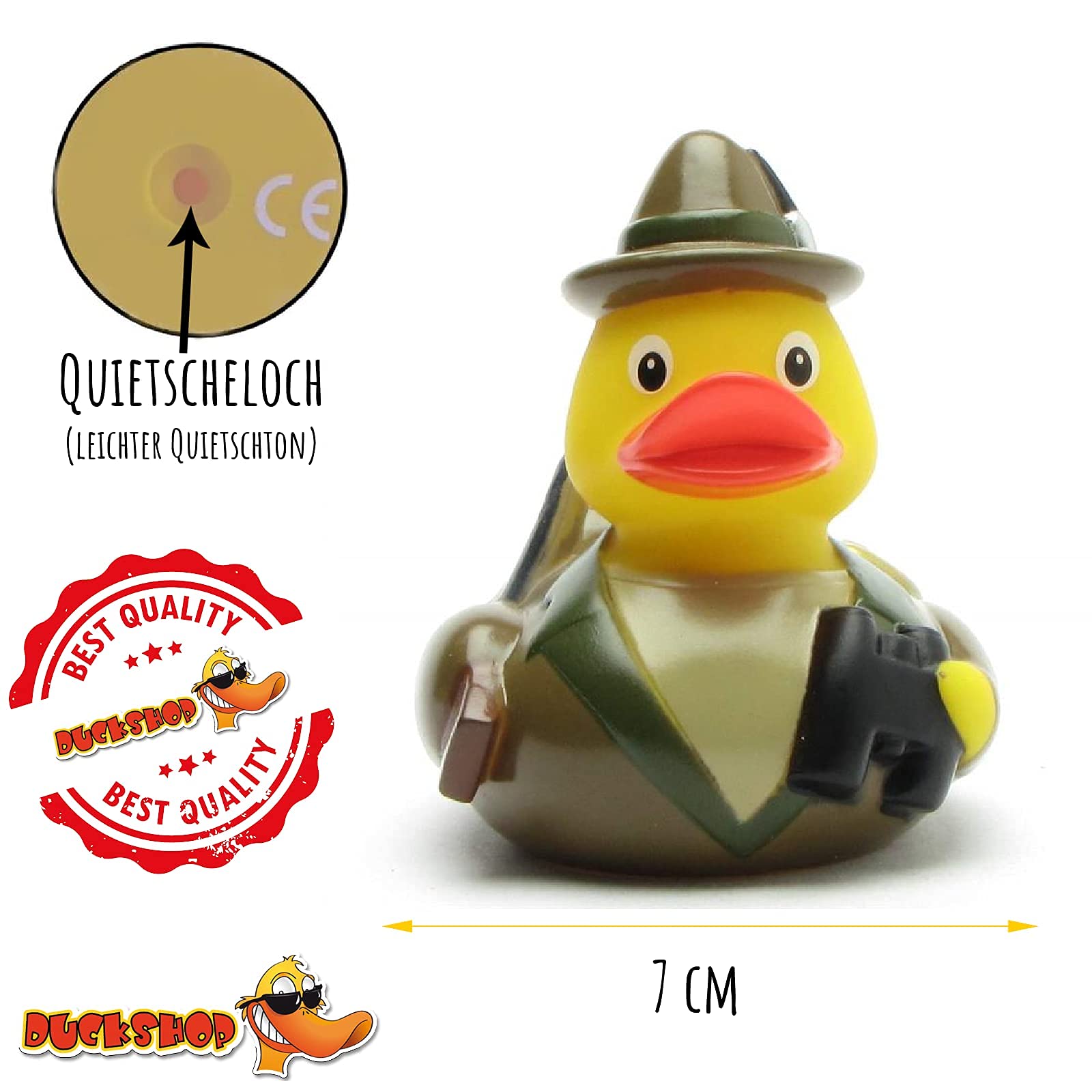 Duckshop I Badeente I Quietscheente I Lustige Badeente Jäger - Quietscheentchen mit Gewehr, Feldstecher und Jagdhorn - Geschenk für jeden Jäger - Jagd - inkl. Badeenten-Schlüsselanhänger im Set