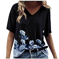 Summer Tops for Teens, Women's Fashion Casual Print V-Neck Short Sleeves Printed T-Shirt