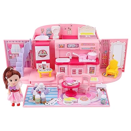 deAO Doll Houses Portable Backpack for Girls with Doll Toy House with Light and Music Baby Dollhouse Furniture for 3 to 8 Years Olds Toddler Kids…