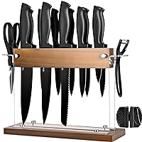 Kitchen Knife Set with Block 15 pcs, Black Knife Set with Block and Sharpener, Sharp Knife Block Set with Wood Acrylic Stand, Stainless Steel Knives set for Kitchen Cooking