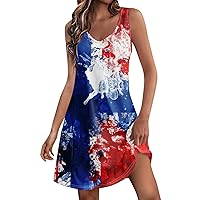 4Th of July Patriotic Red White and Blue Dresses for Women V Neck Sleeveless Mid Dress Graphic Clothes Outfits