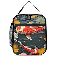 Lunch Bag Reusable Insulated Lunch Box for Women Men Leakproof Cooler Bag Red Carp Fish And Lotus Portable Lunchbox Adults Small Lunch Tote Bag for Office Work Picnic Travel