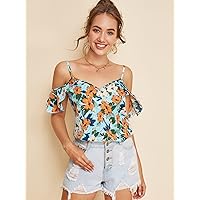 Women's Tops Women's Shirts Cold Shoulder Floral Print Top Women's Tops Shirts for Women (Color : Multicolor, Size : X-Small)