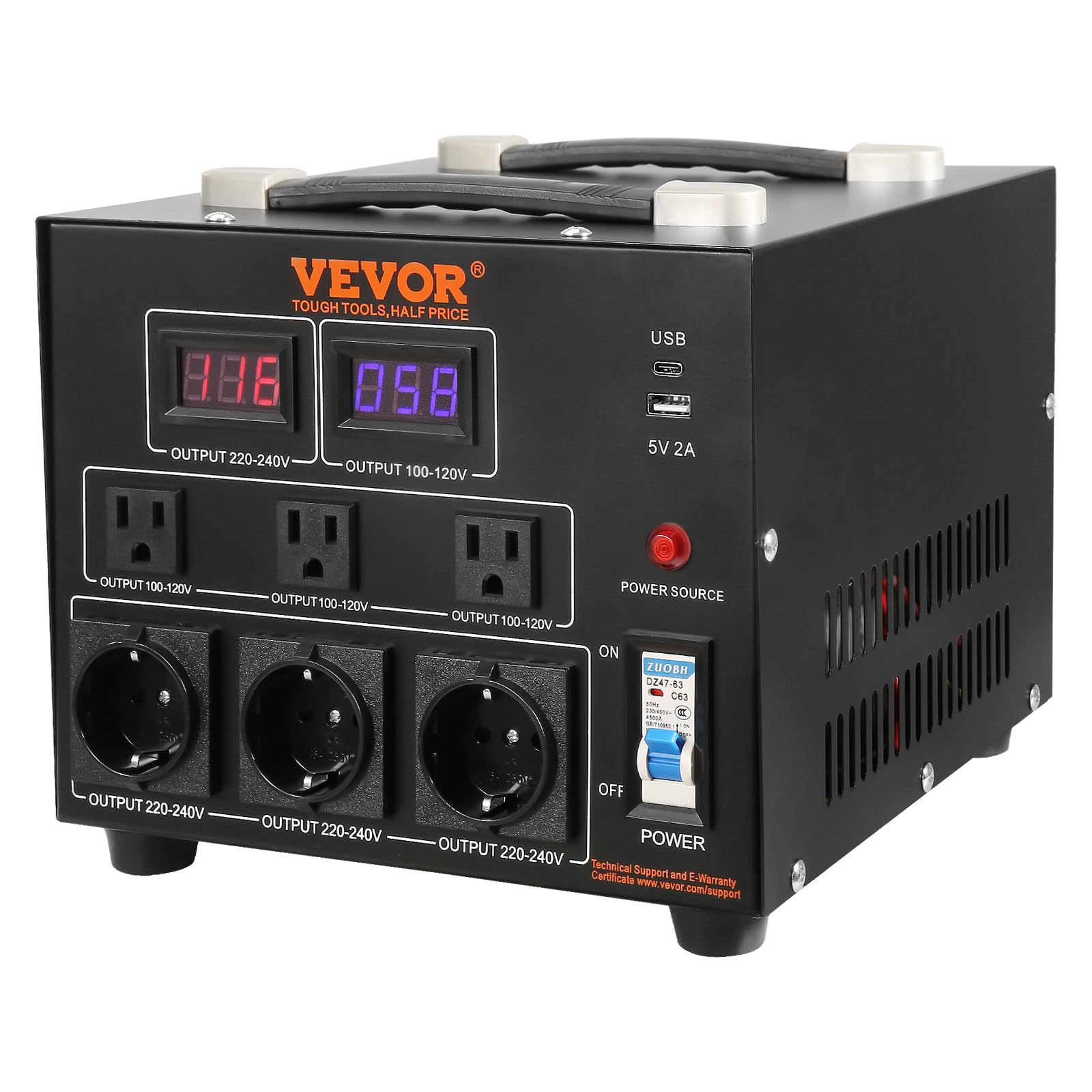 VEVOR Voltage Converter Transformer, 3000W, Heavy Duty Step Up/Down Transformer, Convert from 110 Volt to 220 Volt and from 220 Volt to 110 Volt, with US Outlet EU Outlet 5V USB Port, CE Certified