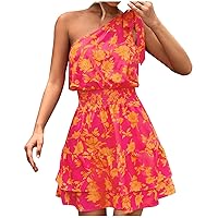 Women Hawaiian Lace-Up One Shoulder Asymmetrical Dress Summer Smocked Waist Sleeveless Floral A-Line Mini Dresses