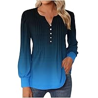 Womens Henley Tops Gradient Color Printed Long Sleeve Shirts V Neck Button Up Work Blouse Pleated Pullover Tees