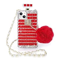 Losin Compatible with iPhone 14 Plus Bling Case Luxury 3D Perfume Bottle Design for Women Girls with Crossbody Lanyard Strap & Cute Plush Furry Ball Glitter Sparkle Shiny Diamond Rhinestone Cover