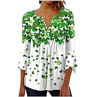 St Patricks Day Shirt Women Button V Neck Elegant Henley Tunic Tops 3/4 Bell Sleeve Pleated Front Shamrock Blouses