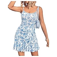 Milumia Women's Boho Floral Wrap Ruffle Hem Tie Side Short Cami Dress Summer Bodycon Dresses Blue and White Medium