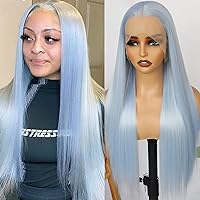 Light Blue Synthetic Lace Front Wigs Wear and Go Glueless Wig Pre-Plucked HD Lace Wig Long Straight Hair Blue Color Wig Heat Resistant Ready to Wear Wigs for Women Natural Hairline