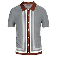 PJ PAUL JONES Men's Vintage Stripe Knit Polo Shirts Short Sleeve Stylish Button Down Cardigan Sweater