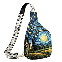 Starry Night Sling Bag for Women Leather CrossBody Bags Travel Sling Backpack with Adjustable Strap for Running Hiking