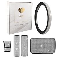 Bling Car Accessories Set - Pack of 5 - Rhinestone Steering Wheel Cover, Diamond Soft Seat Belt Shoulder Pads, Sparkle Car Armrest Cover, Car Gear Shift Cover for Women, Gift Box (White)