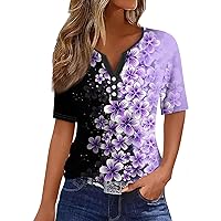 Blouses & Button-Down Shirts Short Sleeve Henley Summer Tops Athletic Fit Blouses Striped Print Womens Clothes Purples XL