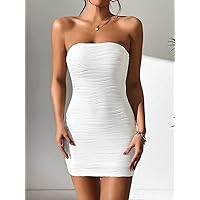 Women's Dresses Solid Tube Bodycon Dress Dress for Women (Color : White, Size : XX-Small)