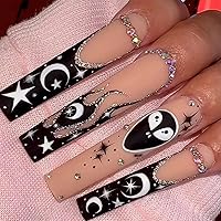 French Tip Press on Nails Long Coffin Fake Nails Black White False Nails with Stars Moon Flame ET Design Acrylic Nails Glitter Sequins Luxury Rhinestones Full cover Glue on Nails for Women Girls 24Pcs