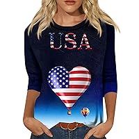 Independence Day Plus Size Three Quarter Sleeve T Shirts for Women USA Printed Crewneck Tees for Ladies
