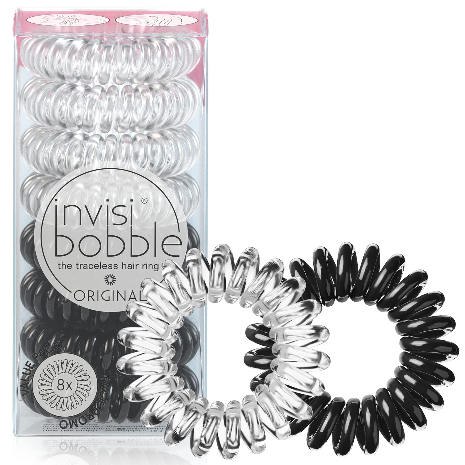 invisibobble Original Traceless Spiral Hair Ties - Pack of 8, Crystal Clear and True Black- Strong Elastic Grip Coil Accessories for Women - Non Soaking - Gentle for Girls Teens and Thick Hair
