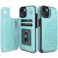Nvollnoe for iPhone 13 Case with Card Holder Heavy Duty Protective Premium Leather RFID Blocking Shockproof Slim Credit Card Slot Wallet Case for iPhone 13 for Women&Girls(Mint Floral)
