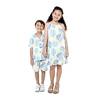 Matching Hawaiian Luau Sibling Boy Girl Round Neck Dress Aloha Shirt in Pacific Palm Cream